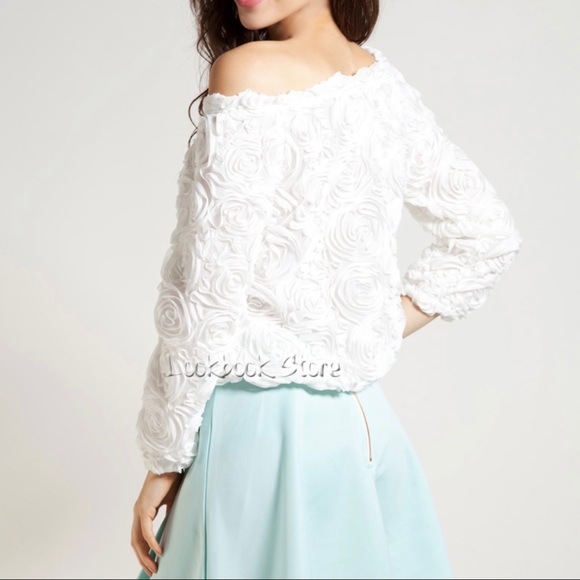 White Mesh Lace Rose Floral Long Sleeve Textured Top - Picture 6 of 7